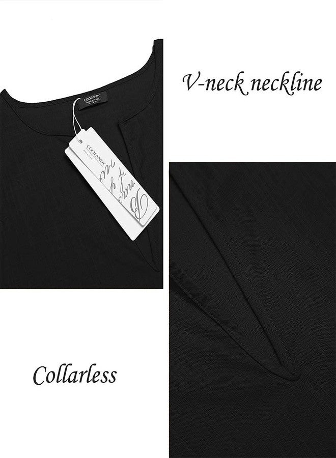 COOFANDY Men's V-Neck Linen Robe Short Sleeve Kaftan Thobe Long Gown Casual Shirt for Beach, Summer Black - Image 5